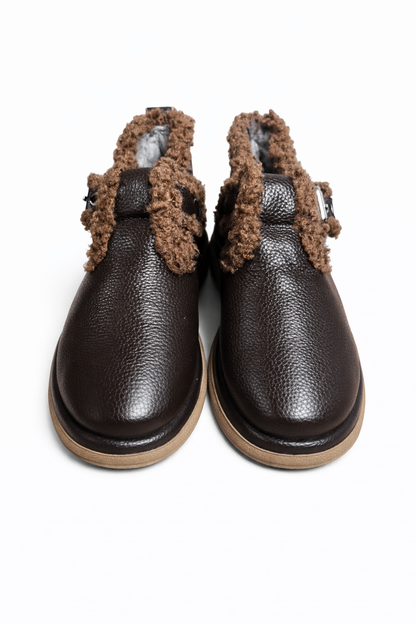 Damskie półbuty skórzane ocieplane brązowe z klamrą  komfortowe