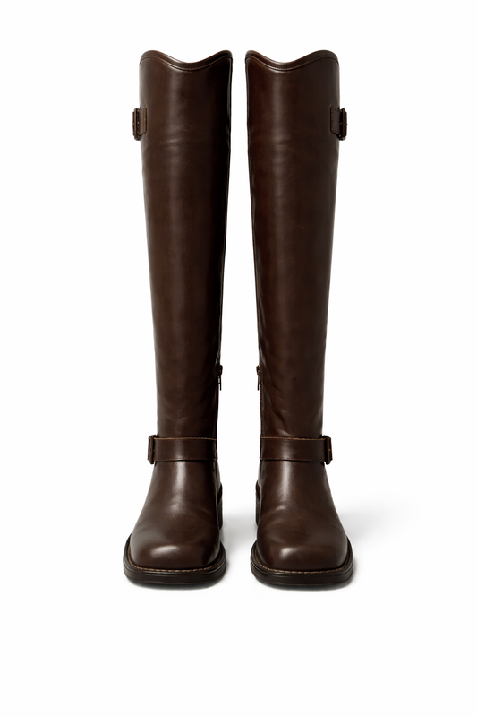 Damskie wysokie brązowe kozaki ze kwadratowym noskiem i szeroką cholewką